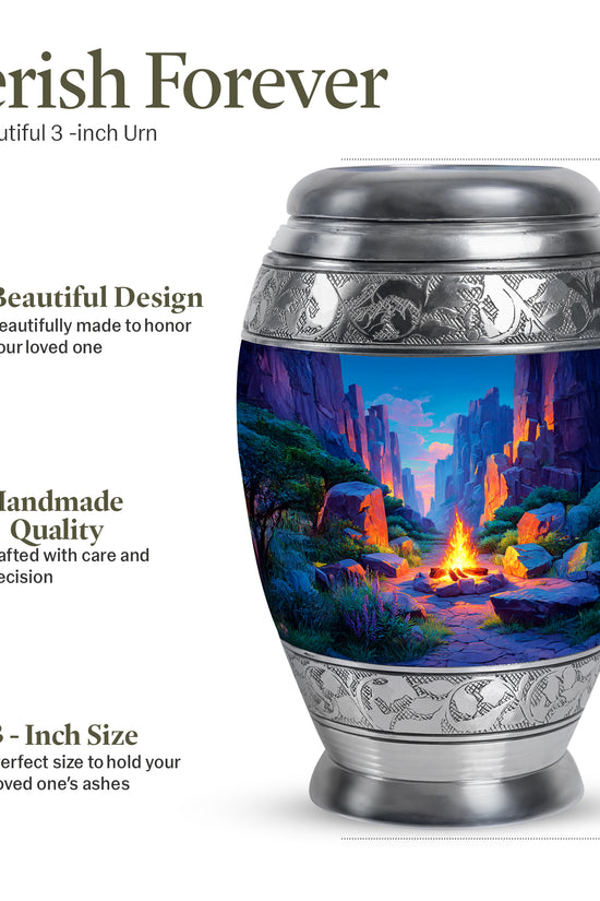 Navy Blue Campfire Cremation Urn lifestyle display on memorial shelf - ornate monarch-style campfire relief on brushed aluminum - mini keepsake memorial for portion of cremation ashes