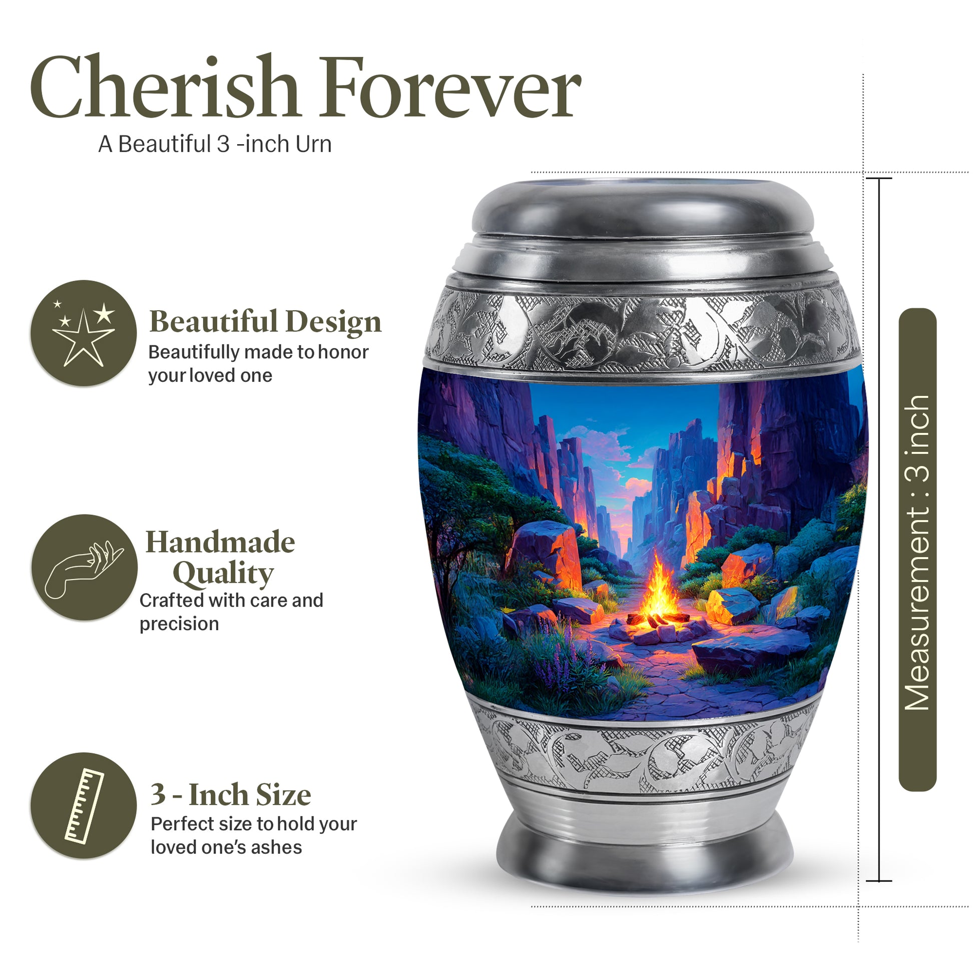 Navy Blue Campfire Cremation Urn lifestyle display on memorial shelf - ornate monarch-style campfire relief on brushed aluminum - mini keepsake memorial for portion of cremation ashes