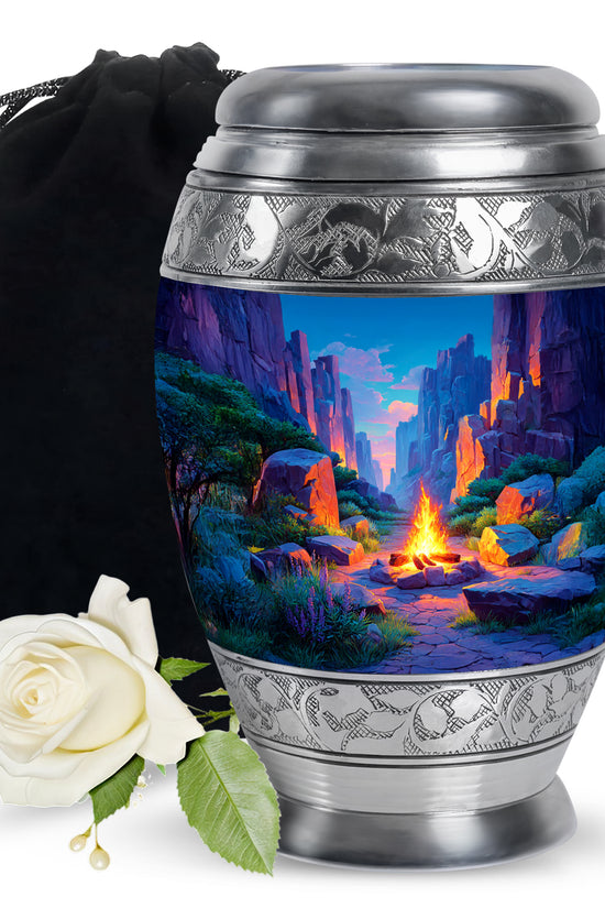 Serene Blue Campfire Cremation Urn back view with polished surface - majestic campfire pattern with filigree border - full-size 10 inch 200 cubic inch adult cremation urn