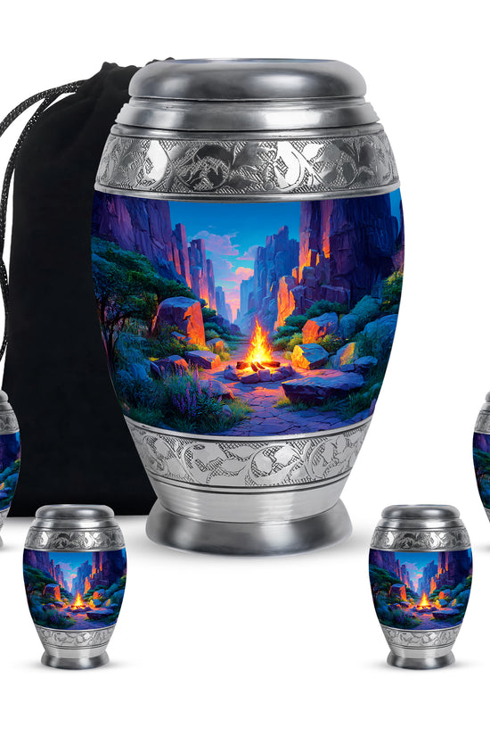 Powder Blue Campfire Cremation Urn detail view - regal campfire design with crown-inspired accents - memorial set with one large and four small urns