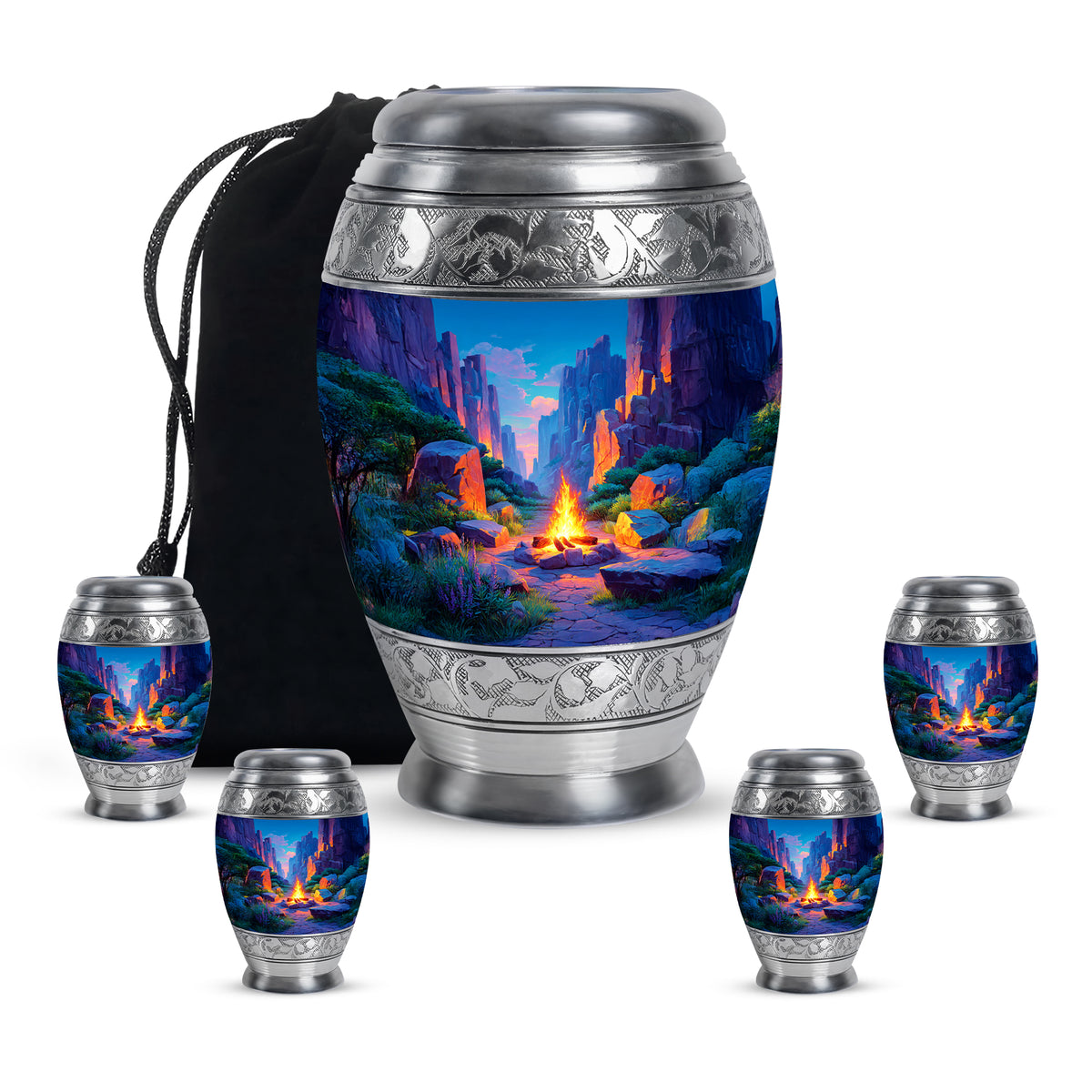 Powder Blue Campfire Cremation Urn detail view - regal campfire design with crown-inspired accents - memorial set with one large and four small urns