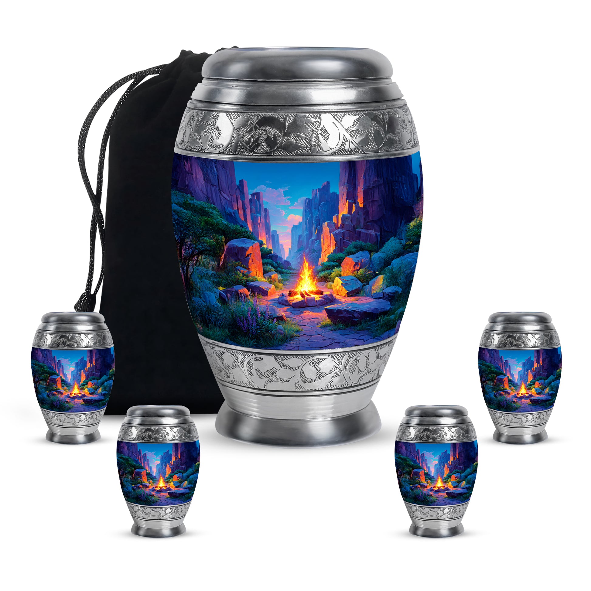 Powder Blue Campfire Cremation Urn detail view - regal campfire design with crown-inspired accents - memorial set with one large and four small urns