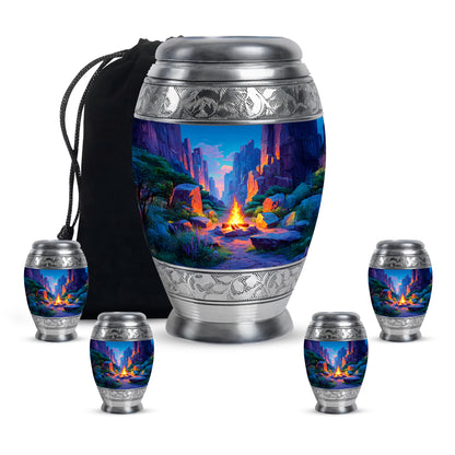 Powder Blue Campfire Cremation Urn detail view - regal campfire design with crown-inspired accents - memorial set with one large and four small urns