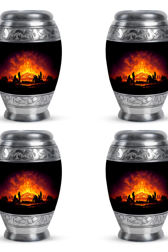 Charcoal Black Campfire Cremation Urn urn with complimentary velvet bag - majestic campfire pattern with filigree border - 10 inch aluminum urn for cremated remains