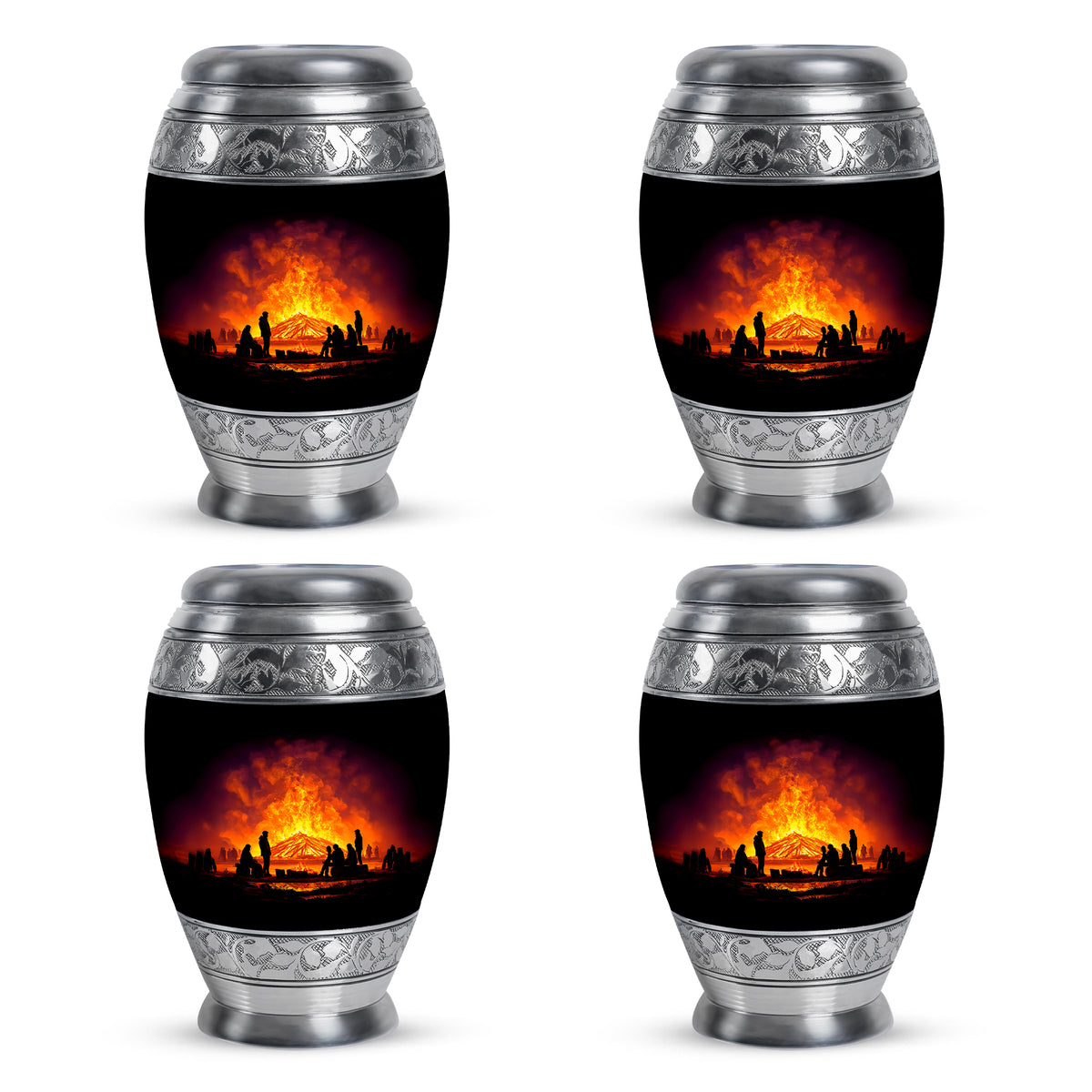 Charcoal Black Campfire Cremation Urn urn with complimentary velvet bag - majestic campfire pattern with filigree border - 10 inch aluminum urn for cremated remains