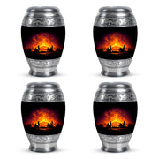 Charcoal Black Campfire Cremation Urn urn with complimentary velvet bag - majestic campfire pattern with filigree border - 10 inch aluminum urn for cremated remains
