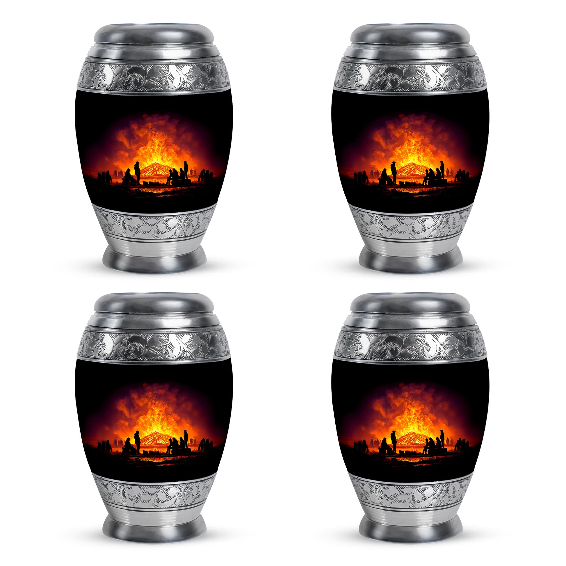 Charcoal Black Campfire Cremation Urn urn with complimentary velvet bag - majestic campfire pattern with filigree border - 10 inch aluminum urn for cremated remains