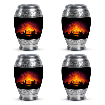 Charcoal Black Campfire Cremation Urn urn with complimentary velvet bag - majestic campfire pattern with filigree border - 10 inch aluminum urn for cremated remains
