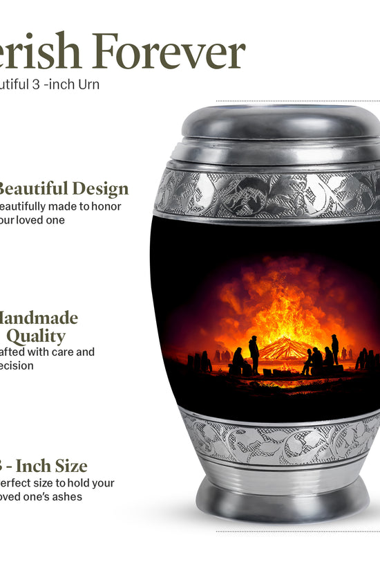 Onyx Black Campfire Cremation Urn lifestyle display on memorial shelf - royal campfire engraving with decorative scrollwork - mini keepsake memorial for portion of cremation ashes