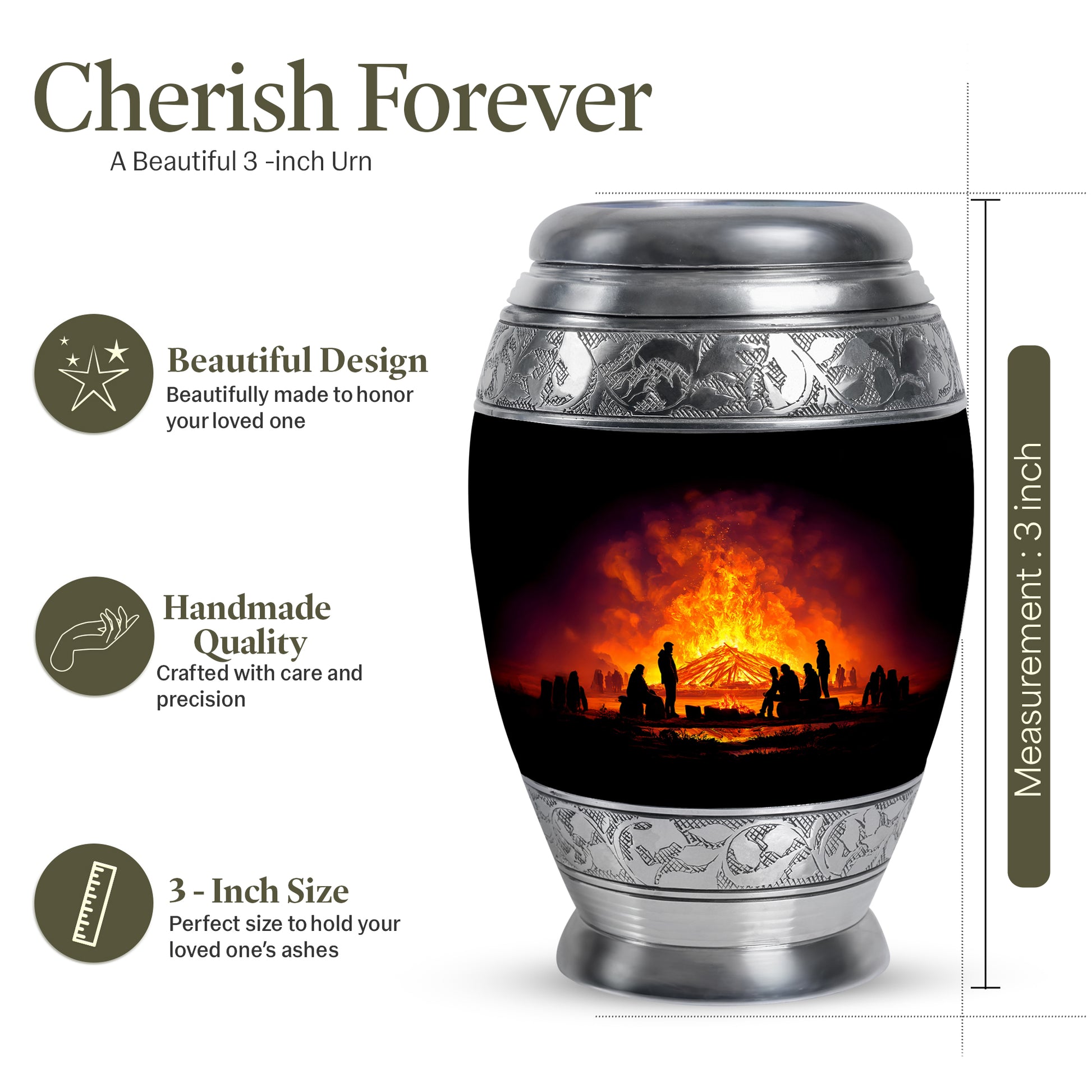 Onyx Black Campfire Cremation Urn lifestyle display on memorial shelf - royal campfire engraving with decorative scrollwork - mini keepsake memorial for portion of cremation ashes