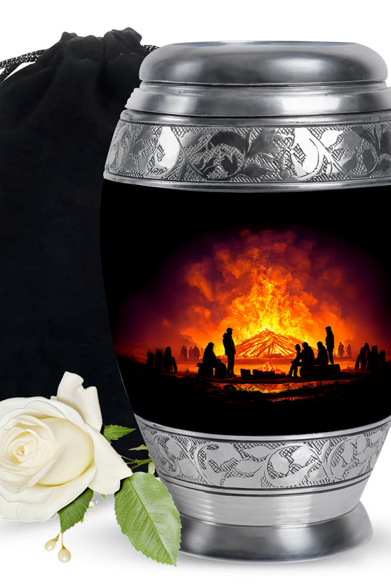 Onyx Black Campfire Cremation Urn back view with polished surface - majestic campfire pattern with filigree border - full-size 10 inch 200 cubic inch adult cremation urn