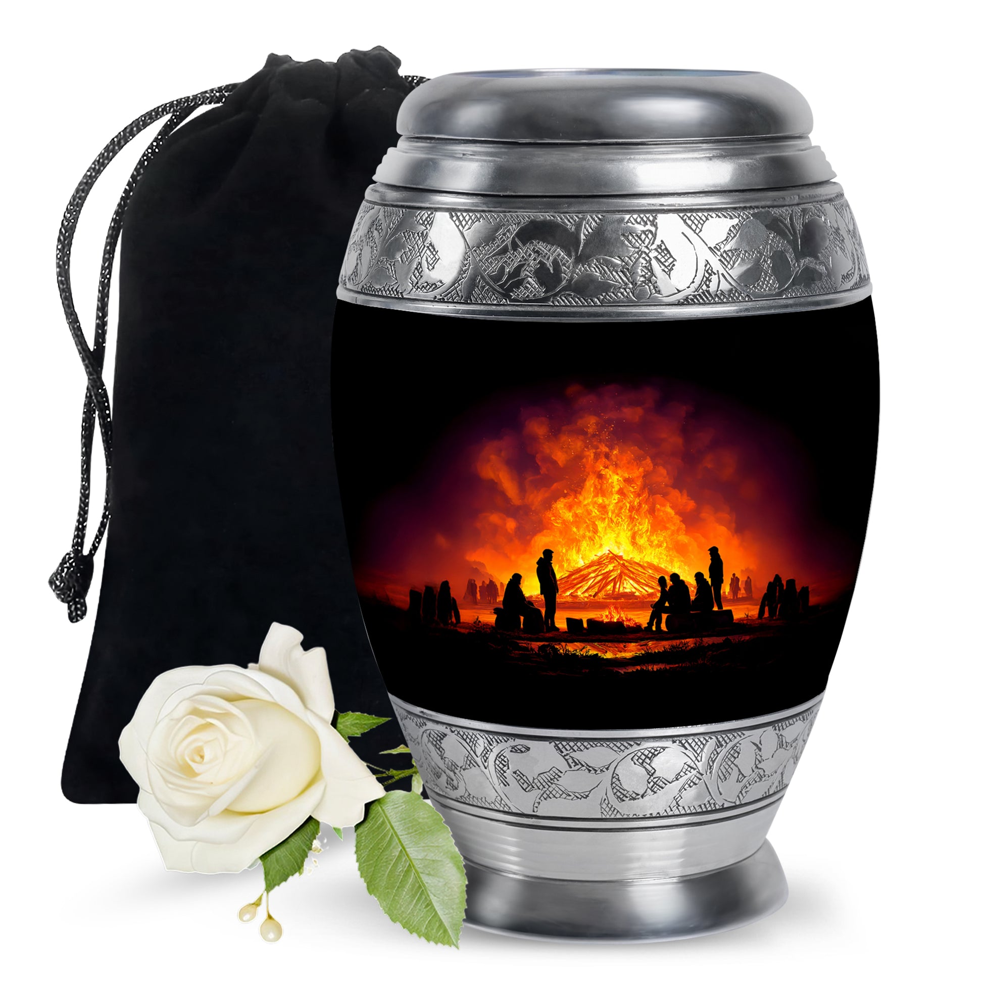 Onyx Black Campfire Cremation Urn back view with polished surface - majestic campfire pattern with filigree border - full-size 10 inch 200 cubic inch adult cremation urn
