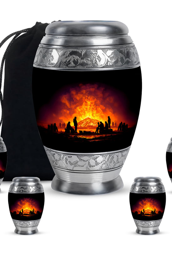 Dark Black Campfire Cremation Urn detail view - majestic campfire pattern with filigree border - memorial set with one large and four small urns