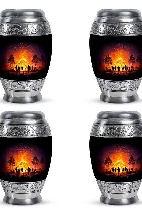 Jet Black Campfire Cremation Urn urn with complimentary velvet bag - ornate monarch-style campfire relief on brushed aluminum - 10 inch aluminum urn for cremated remains