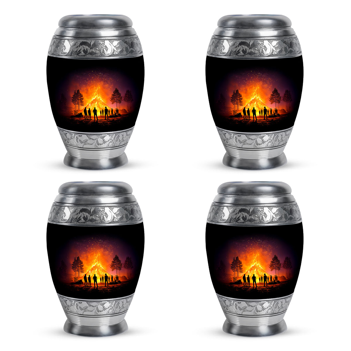 Jet Black Campfire Cremation Urn urn with complimentary velvet bag - ornate monarch-style campfire relief on brushed aluminum - 10 inch aluminum urn for cremated remains
