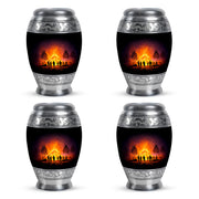 Jet Black Campfire Cremation Urn urn with complimentary velvet bag - ornate monarch-style campfire relief on brushed aluminum - 10 inch aluminum urn for cremated remains