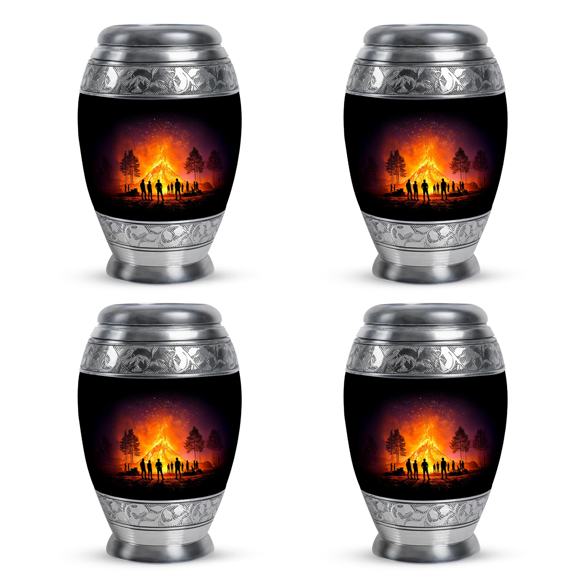 Jet Black Campfire Cremation Urn urn with complimentary velvet bag - ornate monarch-style campfire relief on brushed aluminum - 10 inch aluminum urn for cremated remains