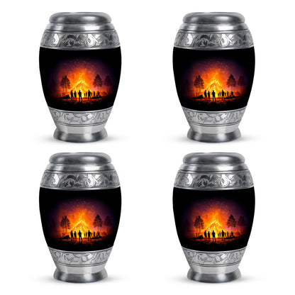 Jet Black Campfire Cremation Urn urn with complimentary velvet bag - ornate monarch-style campfire relief on brushed aluminum - 10 inch aluminum urn for cremated remains