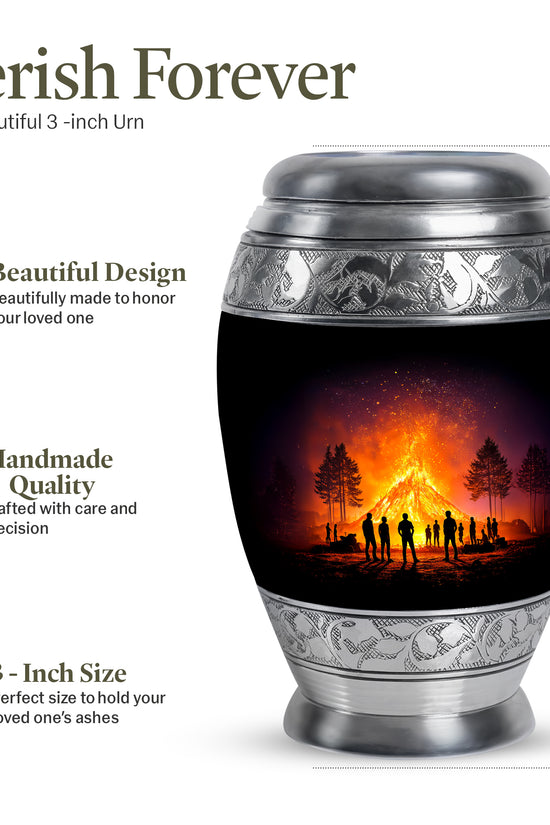 Dark Black Campfire Cremation Urn lifestyle display on memorial shelf - majestic campfire pattern with filigree border - mini keepsake memorial for portion of cremation ashes