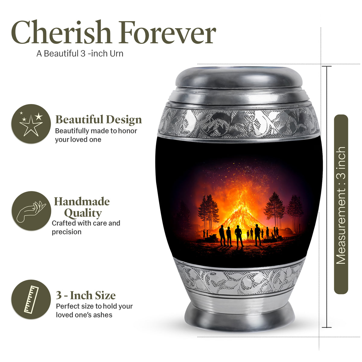 Dark Black Campfire Cremation Urn lifestyle display on memorial shelf - majestic campfire pattern with filigree border - mini keepsake memorial for portion of cremation ashes