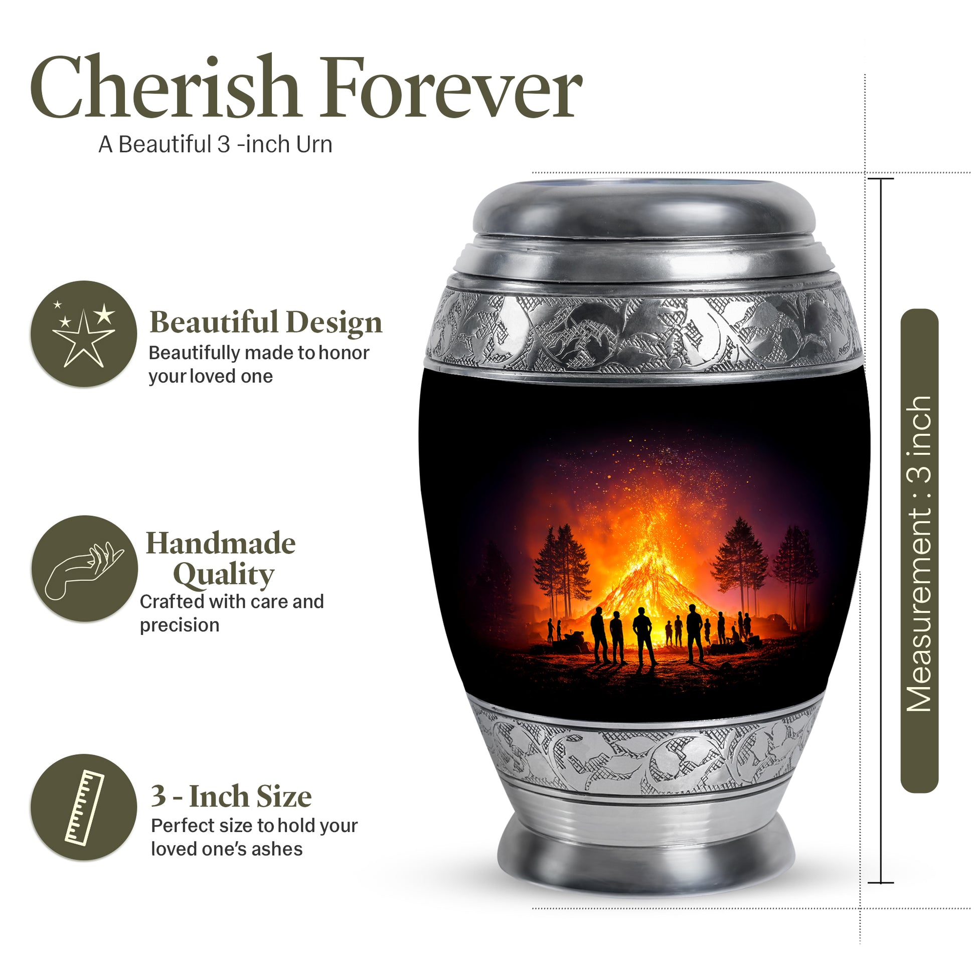 Dark Black Campfire Cremation Urn lifestyle display on memorial shelf - majestic campfire pattern with filigree border - mini keepsake memorial for portion of cremation ashes