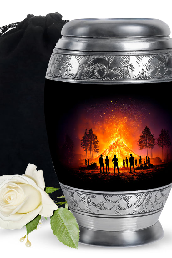 Glossy Black Campfire Cremation Urn back view with polished surface - ornate monarch-style campfire relief on brushed aluminum - full-size 10 inch 200 cubic inch adult cremation urn