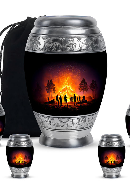 Dark Black Campfire Cremation Urn detail view - royal campfire engraving with decorative scrollwork - memorial set with one large and four small urns