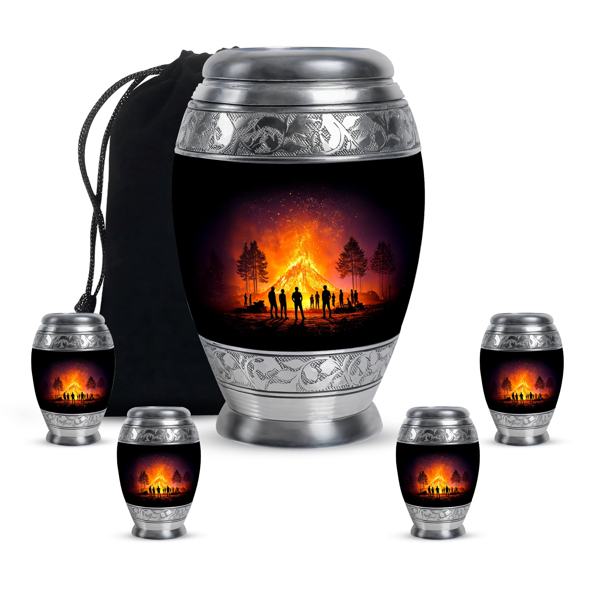 Dark Black Campfire Cremation Urn detail view - royal campfire engraving with decorative scrollwork - memorial set with one large and four small urns