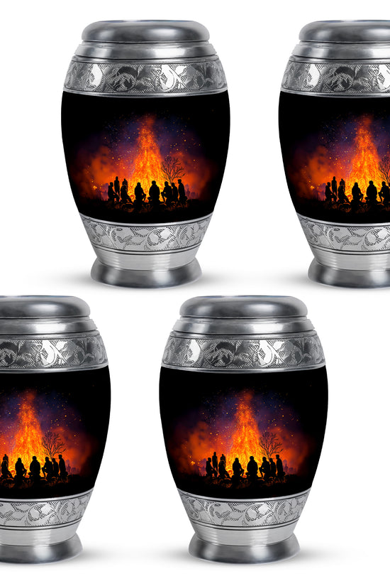 Obsidian Black Campfire Cremation Urn urn with complimentary velvet bag - royal campfire engraving with decorative scrollwork - 10 inch aluminum urn for cremated remains