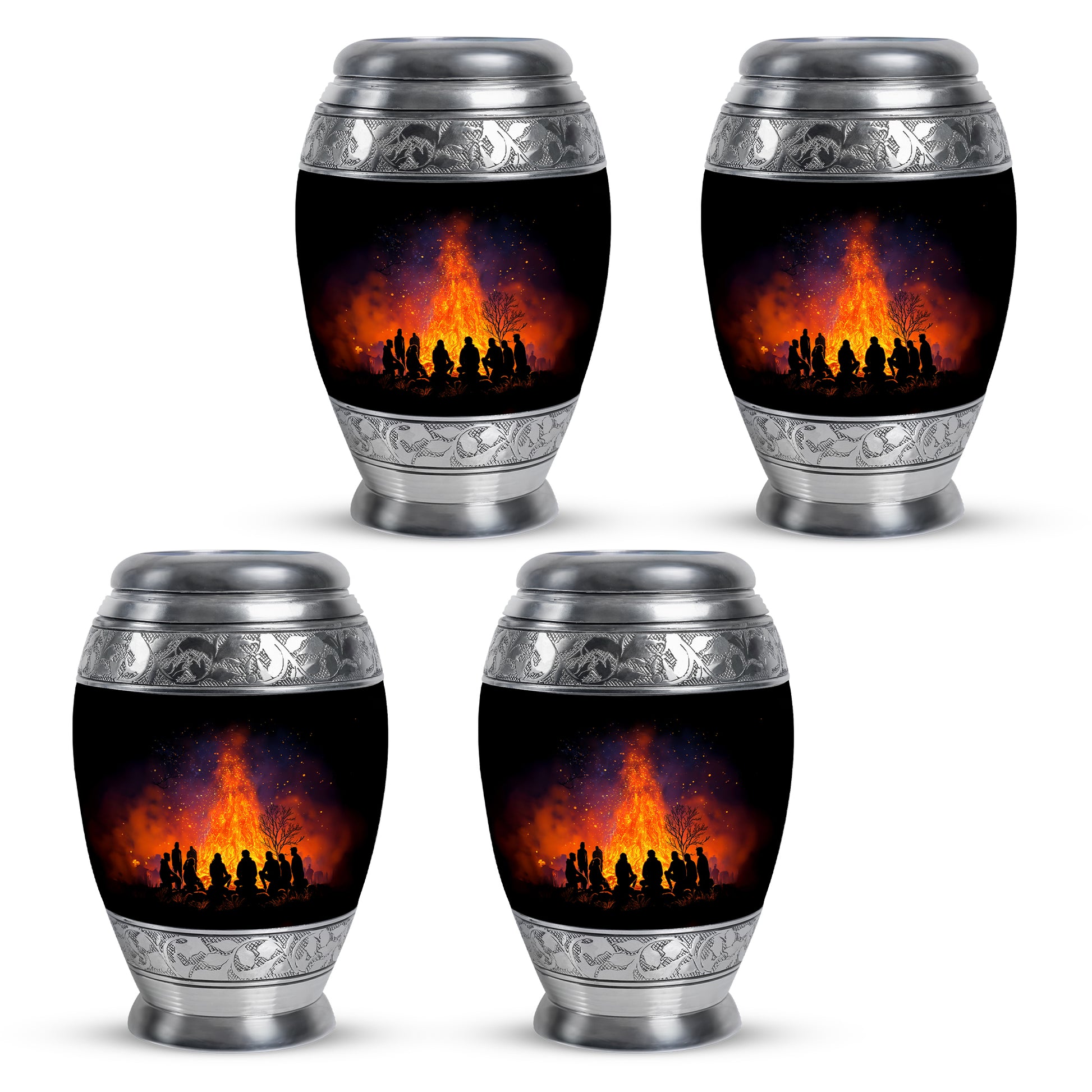 Obsidian Black Campfire Cremation Urn urn with complimentary velvet bag - royal campfire engraving with decorative scrollwork - 10 inch aluminum urn for cremated remains