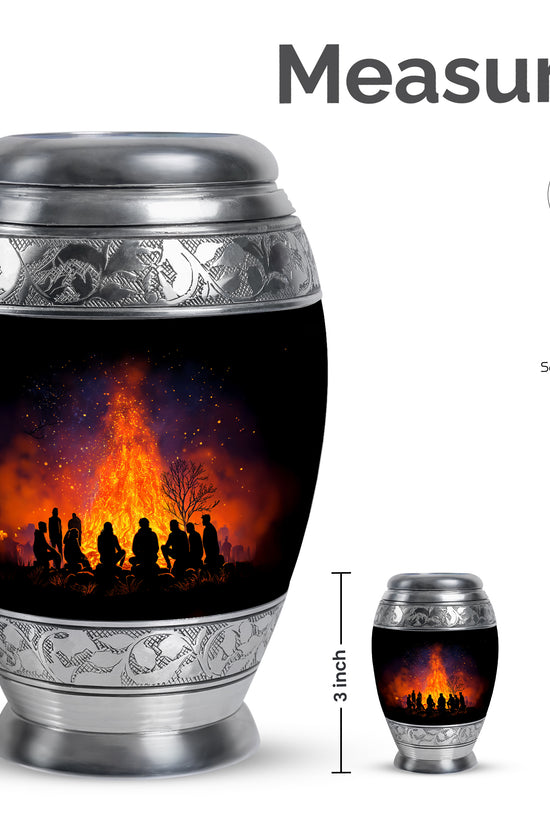 Obsidian Black Campfire Cremation Urn lifestyle display on memorial shelf - majestic campfire pattern with filigree border - mini keepsake memorial for portion of cremation ashes
