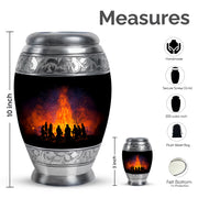 Obsidian Black Campfire Cremation Urn lifestyle display on memorial shelf - majestic campfire pattern with filigree border - mini keepsake memorial for portion of cremation ashes