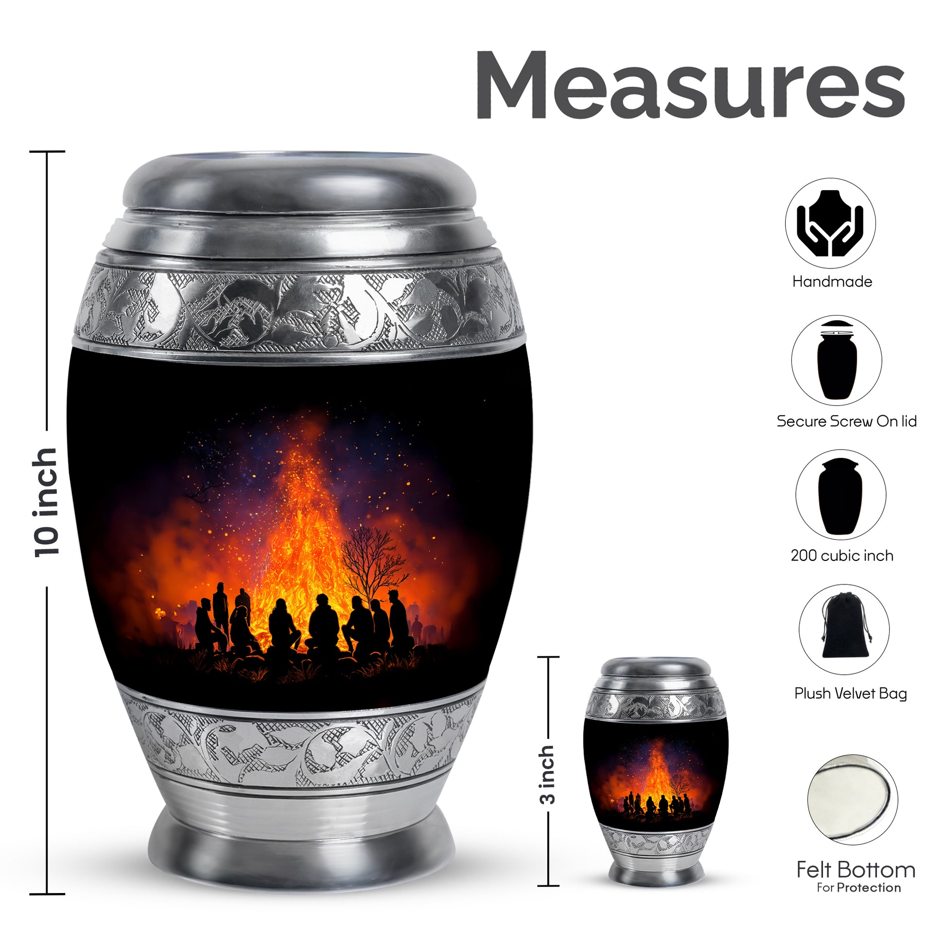 Obsidian Black Campfire Cremation Urn lifestyle display on memorial shelf - majestic campfire pattern with filigree border - mini keepsake memorial for portion of cremation ashes