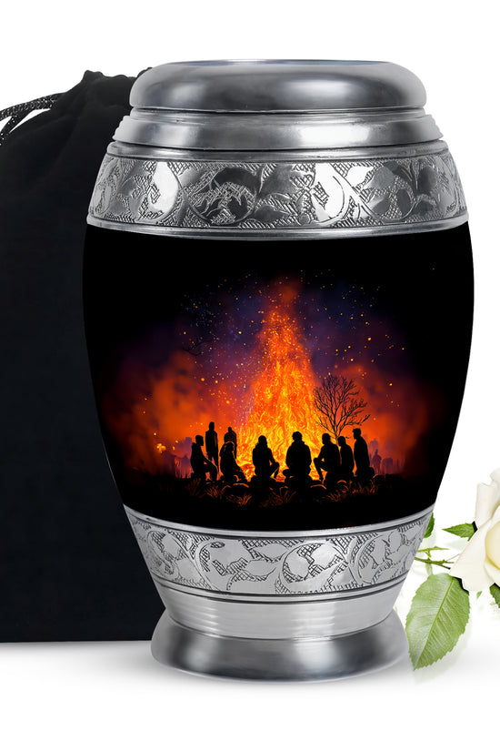 Ebony Campfire Cremation Urn back view with polished surface - regal campfire design with crown-inspired accents - full-size 10 inch 200 cubic inch adult cremation urn