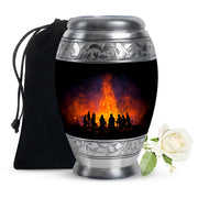 Ebony Campfire Cremation Urn back view with polished surface - regal campfire design with crown-inspired accents - full-size 10 inch 200 cubic inch adult cremation urn