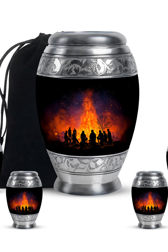 Glossy Black Campfire Cremation Urn detail view - ornate monarch-style campfire relief on brushed aluminum - memorial set with one large and four small urns