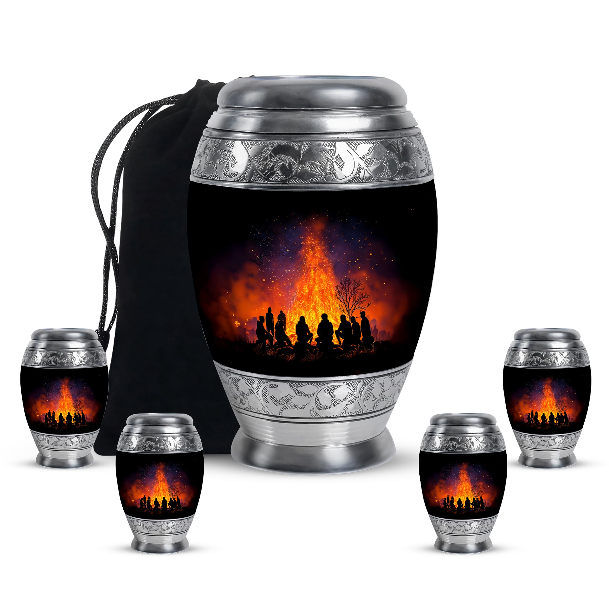 Glossy Black Campfire Cremation Urn detail view - ornate monarch-style campfire relief on brushed aluminum - memorial set with one large and four small urns