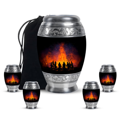 Glossy Black Campfire Cremation Urn detail view - ornate monarch-style campfire relief on brushed aluminum - memorial set with one large and four small urns