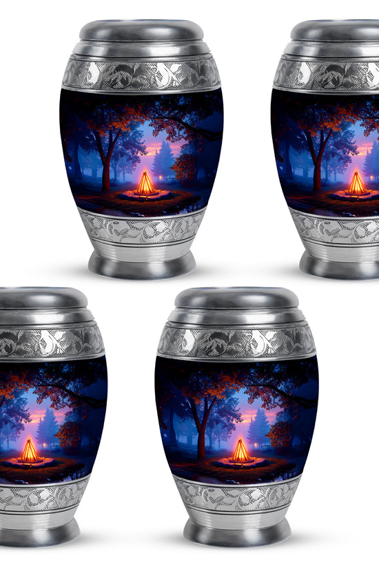 Charcoal Black Campfire Cremation Urn urn with complimentary velvet bag - royal campfire engraving with decorative scrollwork - 10 inch aluminum urn for cremated remains