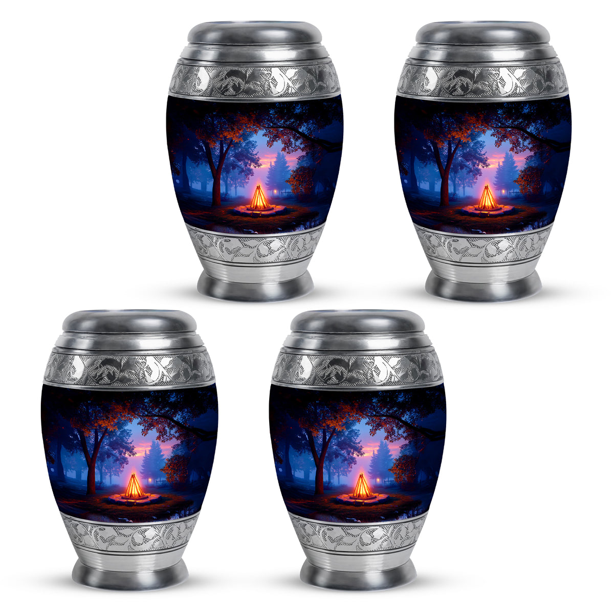 Charcoal Black Campfire Cremation Urn urn with complimentary velvet bag - royal campfire engraving with decorative scrollwork - 10 inch aluminum urn for cremated remains