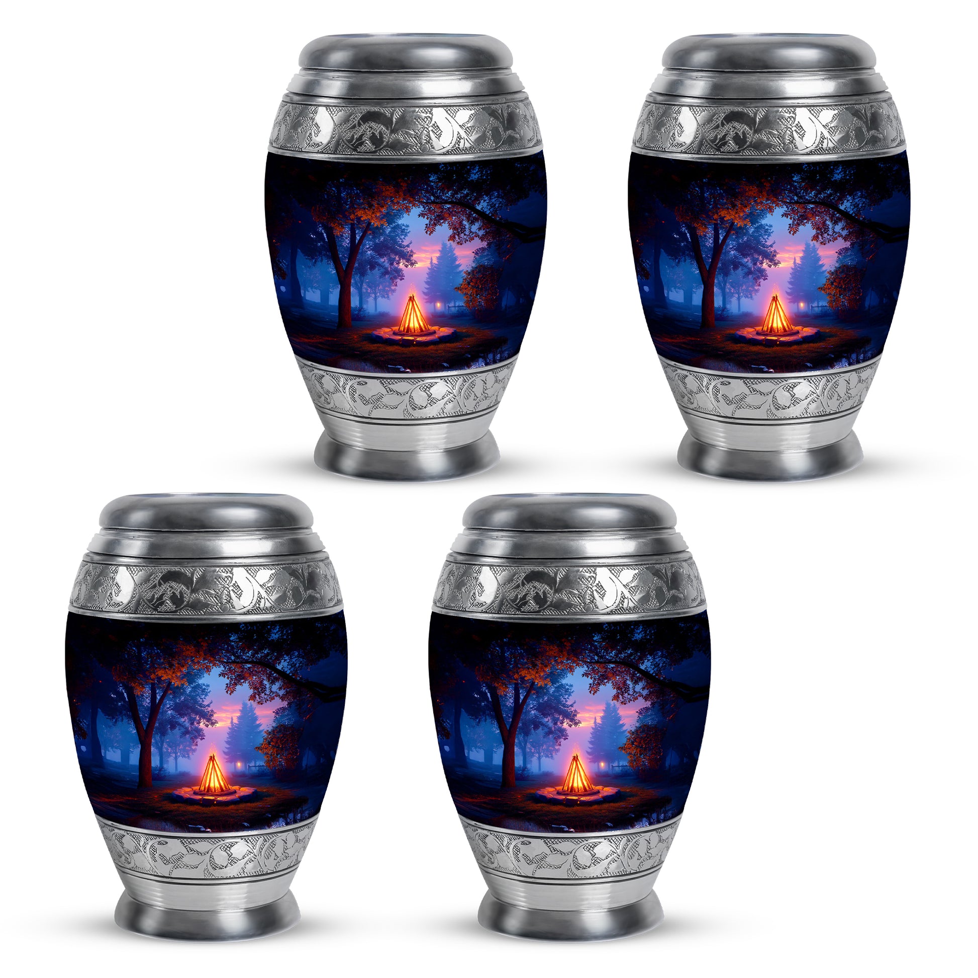 Charcoal Black Campfire Cremation Urn urn with complimentary velvet bag - royal campfire engraving with decorative scrollwork - 10 inch aluminum urn for cremated remains