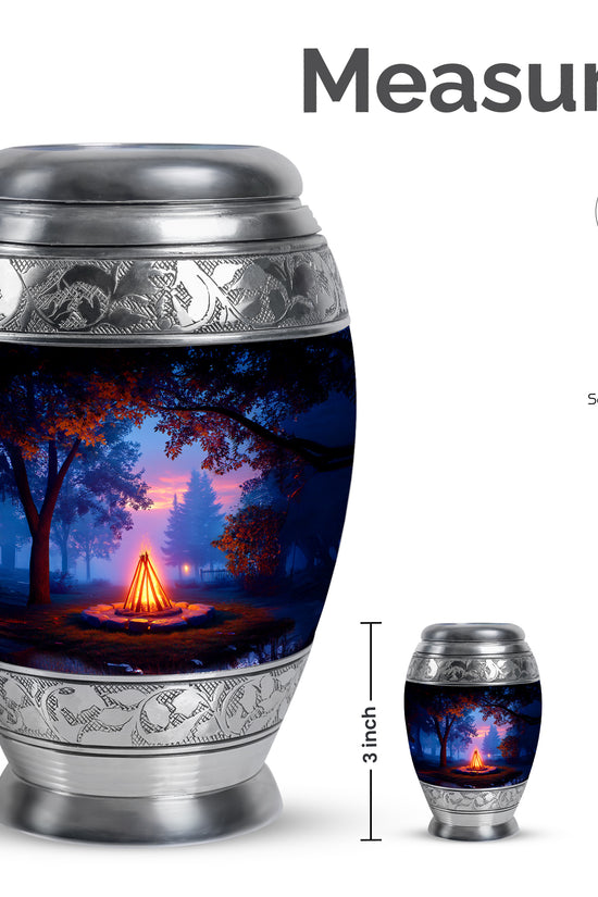 Obsidian Black Campfire Cremation Urn lifestyle display on memorial shelf - royal campfire engraving with decorative scrollwork - mini keepsake memorial for portion of cremation ashes