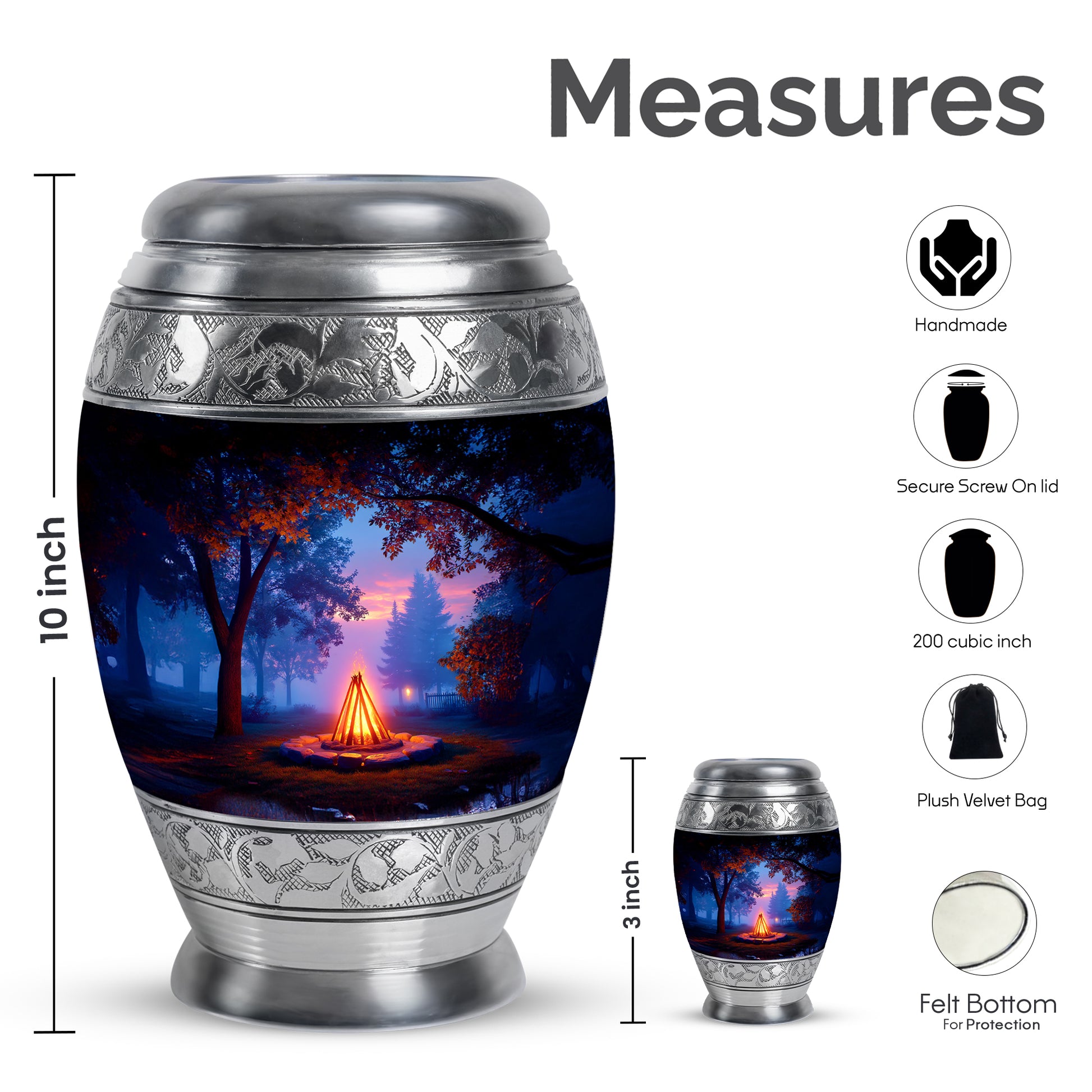 Obsidian Black Campfire Cremation Urn lifestyle display on memorial shelf - royal campfire engraving with decorative scrollwork - mini keepsake memorial for portion of cremation ashes