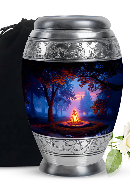 Charcoal Black Campfire Cremation Urn back view with polished surface - majestic campfire pattern with filigree border - full-size 10 inch 200 cubic inch adult cremation urn
