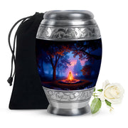 Charcoal Black Campfire Cremation Urn back view with polished surface - majestic campfire pattern with filigree border - full-size 10 inch 200 cubic inch adult cremation urn