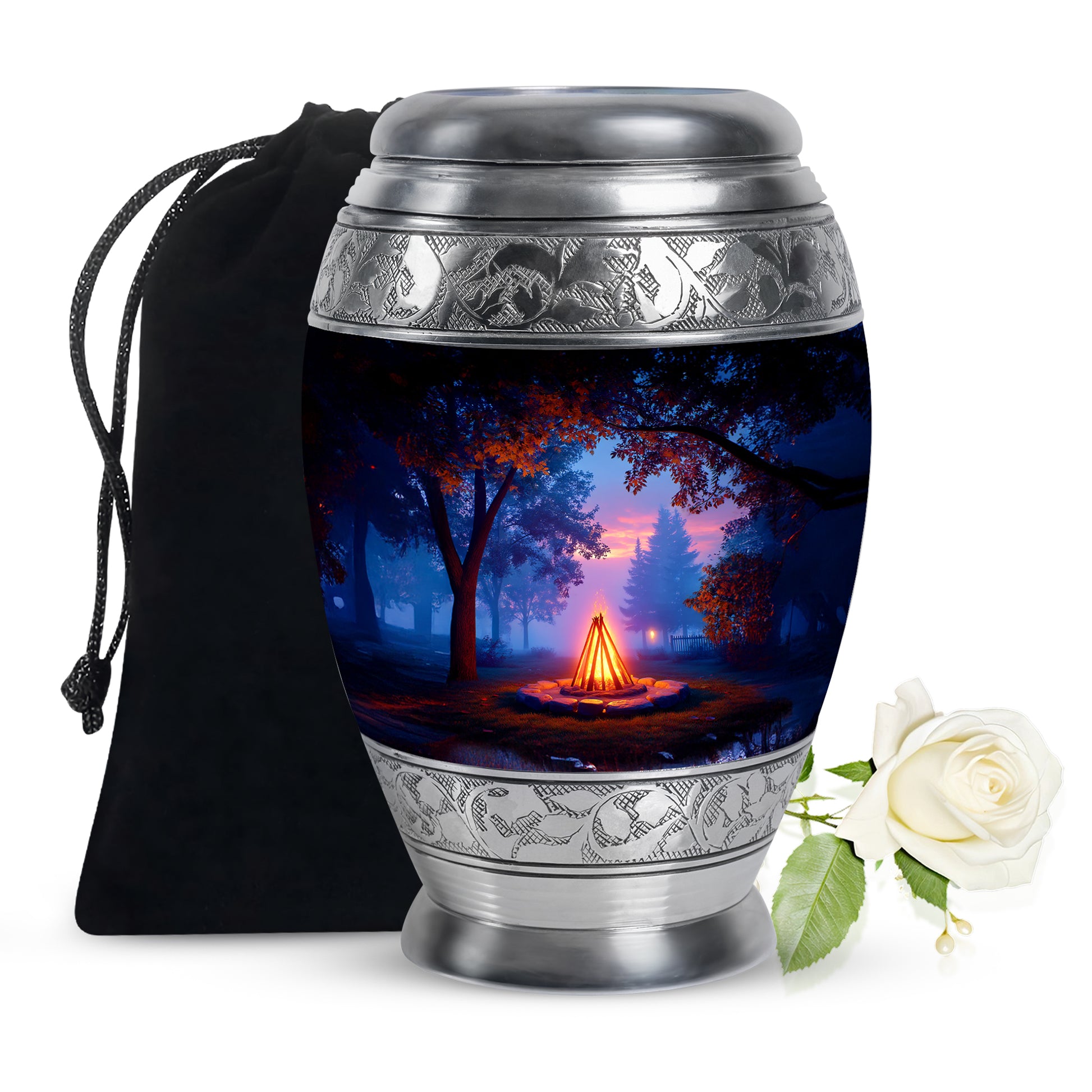 Charcoal Black Campfire Cremation Urn back view with polished surface - majestic campfire pattern with filigree border - full-size 10 inch 200 cubic inch adult cremation urn