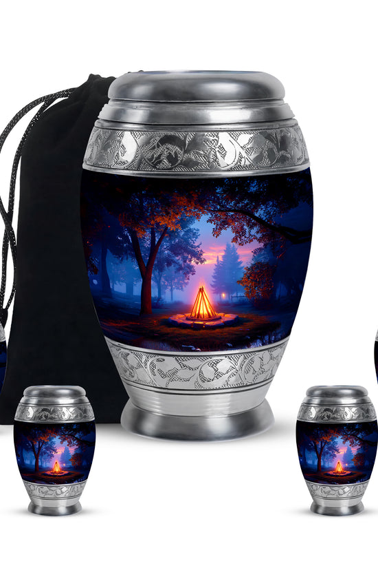 Dark Black Campfire Cremation Urn detail view - majestic campfire pattern with filigree border - memorial set with one large and four small urns