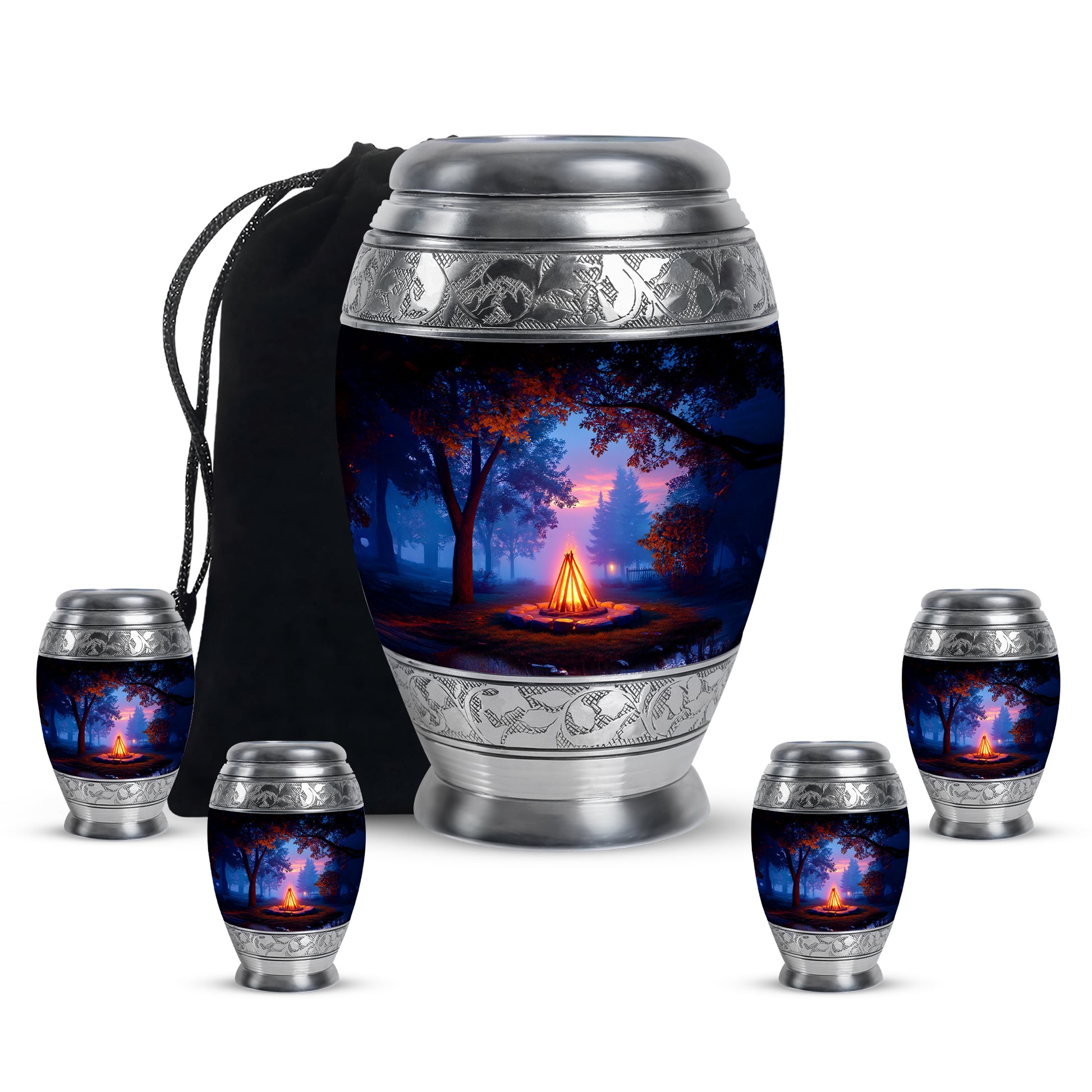 Dark Black Campfire Cremation Urn detail view - majestic campfire pattern with filigree border - memorial set with one large and four small urns