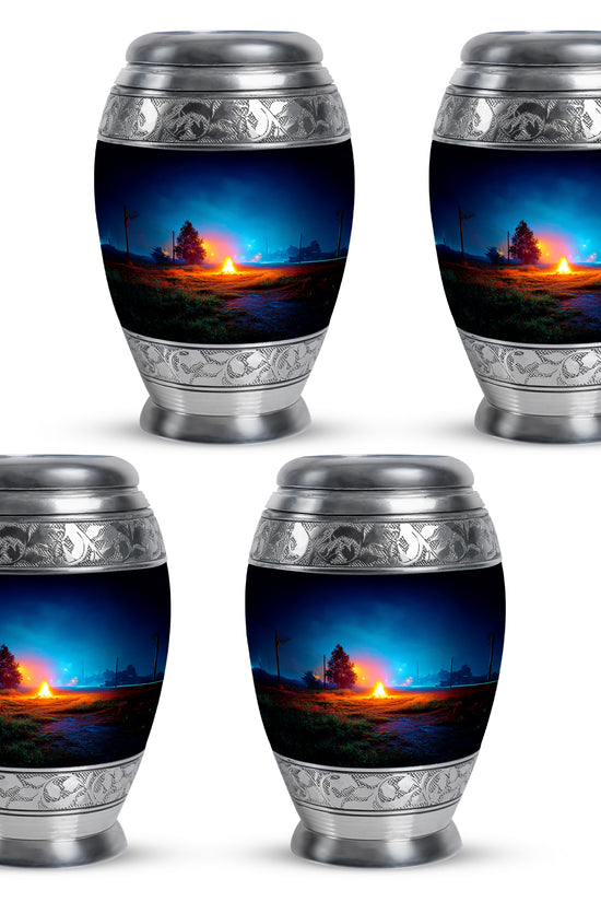 Pastel Blue Campfire Cremation Urn urn with complimentary velvet bag - regal campfire design with crown-inspired accents - 10 inch aluminum urn for cremated remains