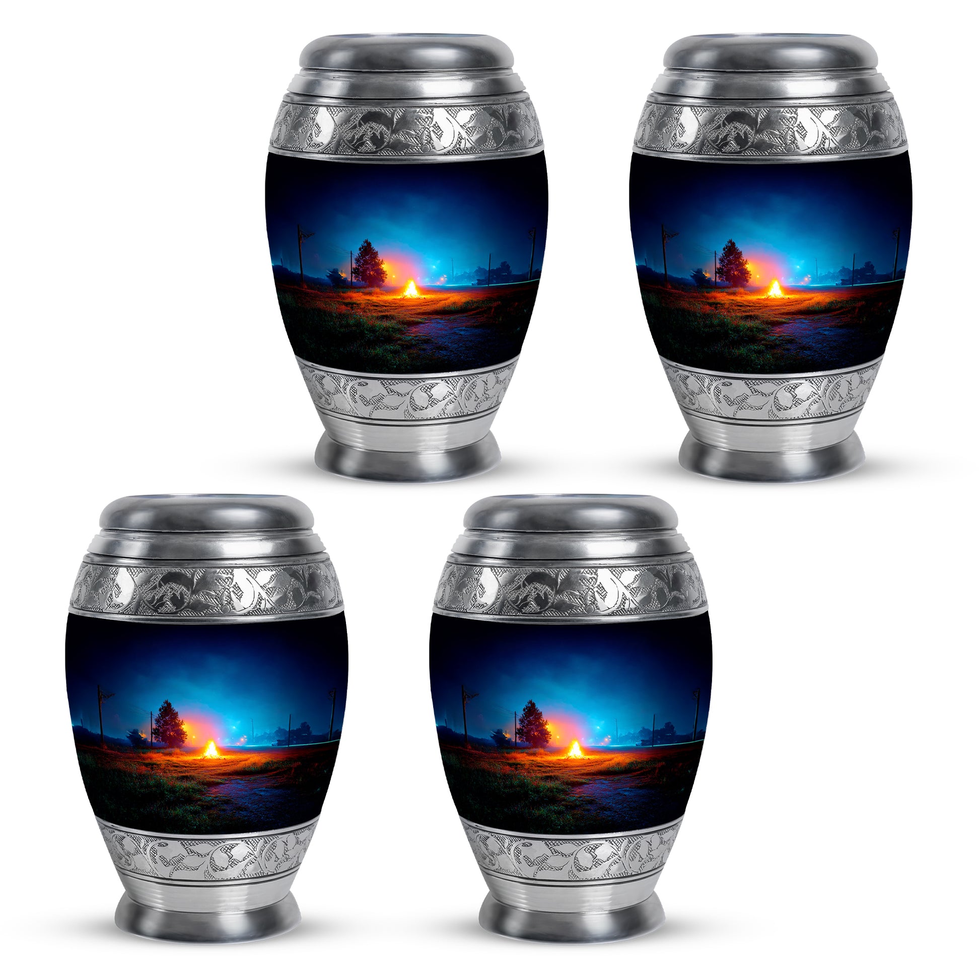 Pastel Blue Campfire Cremation Urn urn with complimentary velvet bag - regal campfire design with crown-inspired accents - 10 inch aluminum urn for cremated remains